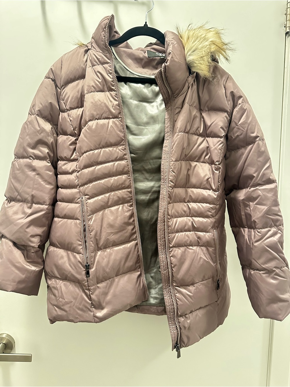 Calvin Klein Lightweight Puffer Jacket with Faux Fur Hood - Dusty Rose